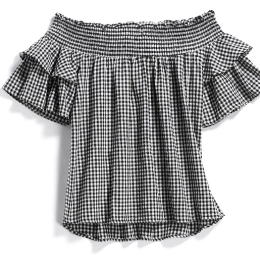 LAJU Off Shoulder Gingham Top Smocked Neck Ruffle Sleeve Black White Stitch Fix